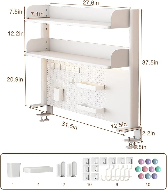 Clamp on Desk Shelf with Pegboard, Desktop Organization Bookshelf Storage Shelves for Home Office Dorm Gaming Desk, Space Saving Tabletop Display Rack