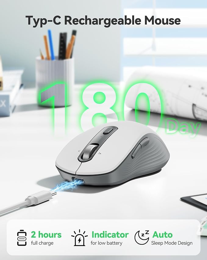 TECKNET Rechargeable Bluetooth Mouse, [ USB + BT5.0 + BT3.0 ] Wireless Mouse, Ergonomic 4-Way Scroll Wheel Computer Mice, 6-Level 4800 DPI Silent Mice, Multi-Device for Computer/Laptop/MacBook (White)