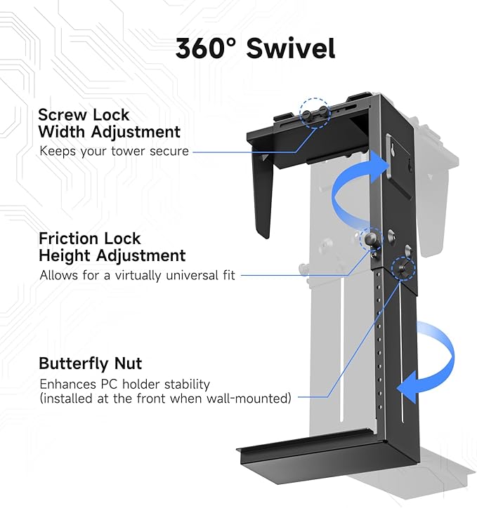 Suptek Adjustable Under Desk and Wall PC Mount,3.94 to 11.61 inch Wide Computer Case CPU Hanger Holder 360 Degree Rotatable Under-Desk PC Hanging Stand Holder Mount (ZJJ001XL)
