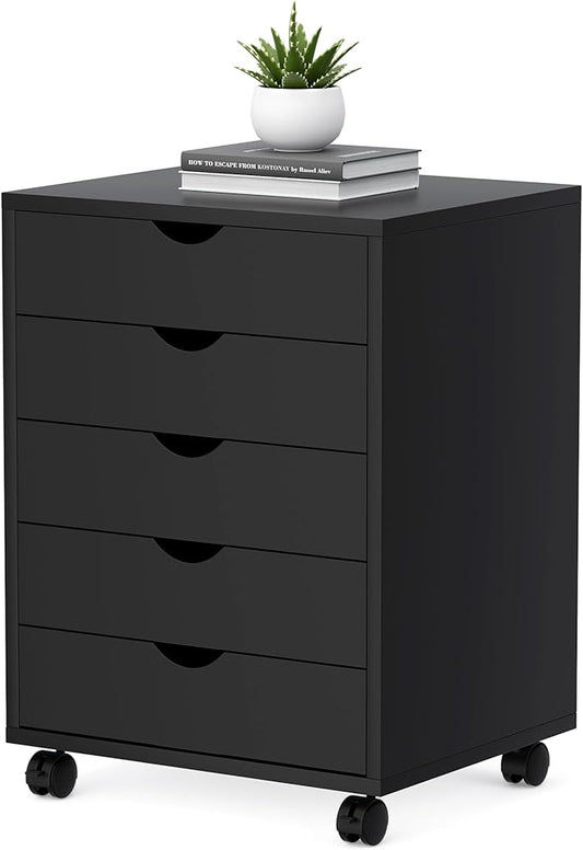5 Drawer Mobile File Cabinet Under Desk Storage Organization with Wheels Vertical Filing Chest Rolling Wood Small Desk Printer Stand for Home Office, Black