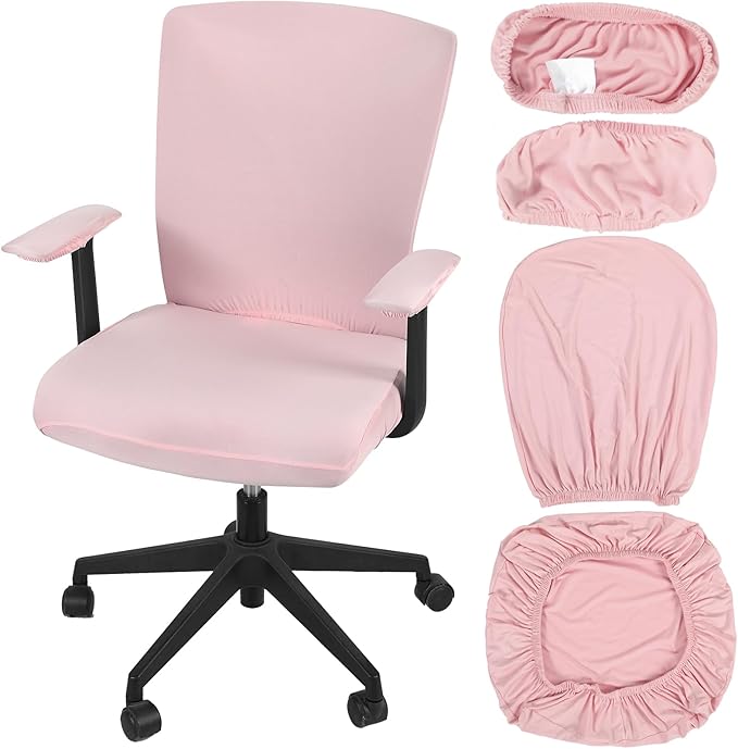 Tallew 4 Pcs Office Chair Covers Set Computer Universal Protective Stretchable Chair Seat Covers Desk Armrest Cover Pads Office Cushion Backrest for Rotating(Regular,Pink)