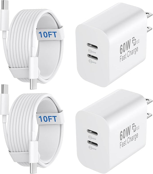 60W USB C Fast Charger for iPhone 17 16 15 Pro Max, 60W Dual Port Type C Charger Block with 10FT Long C Charger Fast Charging Cable Cord for iPhone 17/17 Pro Max/17/Air/16/15/Pro Max, iPad