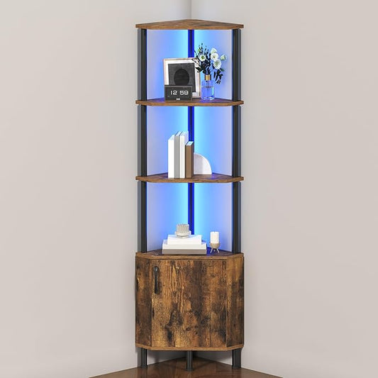 HOOBRO Corner Cabinet with LED Light, Corner Shelf Stand with Storage and Doors, 5-Tier Industrial Corner Bookshelf, 59” Tall Display Rack Shelf, for Living Room, Kitchen, Rustic Brown BF147DCJ01