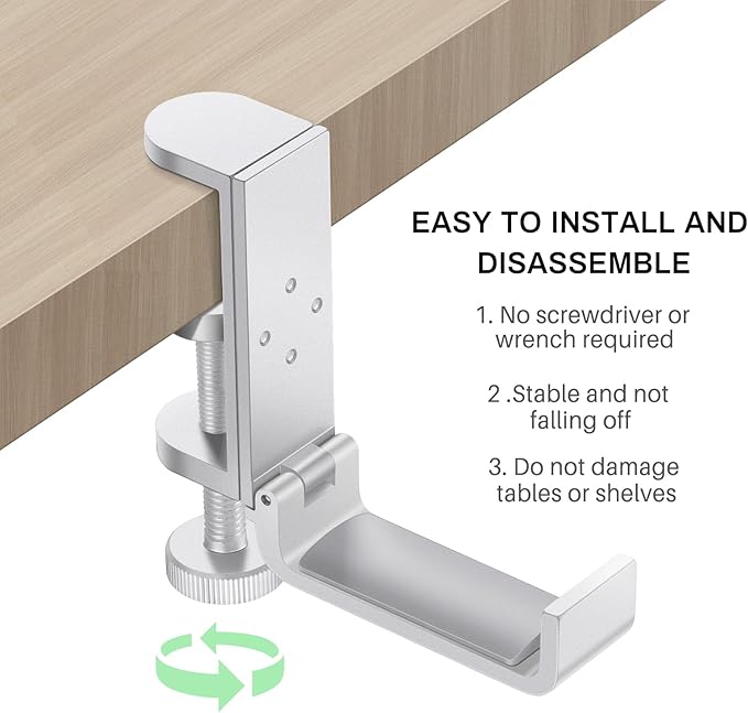 All Aluminum Foldable Headphone Holder - Universal Stand for Gaming PC Accessories, Under Desk Clamp Hook (Silver)