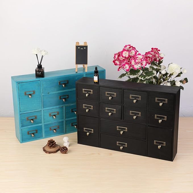 12 Drawers Apothecary Cabinet with Drawers Tabletop Apothecary Drawers Library Card Catalog Cabinet Medicine Cabinets Wood Desk Organizer Wooden Storage Box (Black)