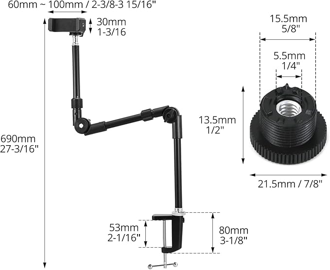 QWORK 25" Webcam Stand Camera Mount with Phone Holder, Gooseneck Camera Stand Desk Clamp & 5/8" Screw for Action Cameras, Projectors