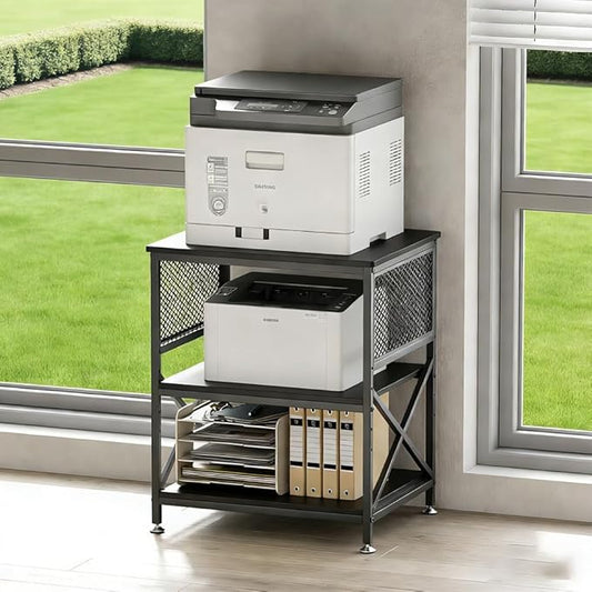 KaKaBB 3-Tier Rolling Printer Stand with Adjustable Storage Shelf, Large Mobile Office Cart with Locking Wheels, Printer Table for Home Office, 23.6 x 18.9 x 30 Inches (Black)