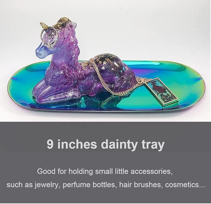 Fermus Stainless Steel Decorative Tray, Set of 2, 9 Inch Long, Jewelry Dish Cosmetics Organizer Bathroom Clutter Serving Platter Small Storage Tray, Oval, Holographic