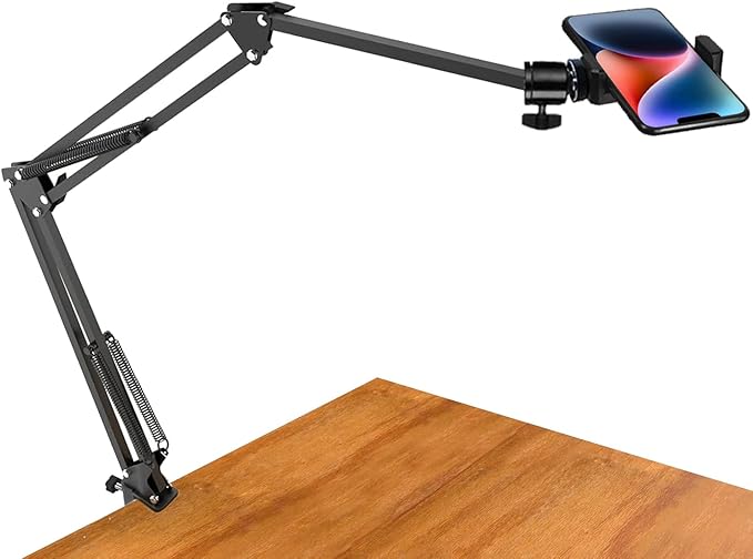 Overhead Tripod Mount for Camera Webcam Ring Light, Long Over Head Articulating Arm with Phone Holder and Ball Head, Desktop Lazy Arm Clamp Phone Stand Accessory for Live Streaming,Video Recording