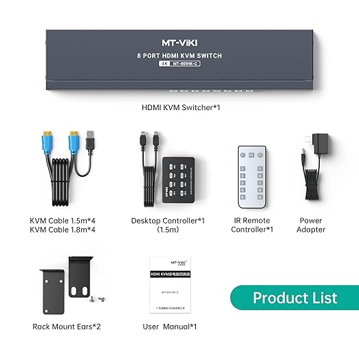 MT-VIKI 8 Port KVM Switch HDMI, 4K@30Hz 1U Rack Mount KVM Switch w/IR Remote & Wire-Desktop Controller & 8 HDMI KVM Cables & Rack Ears & Power Adapter