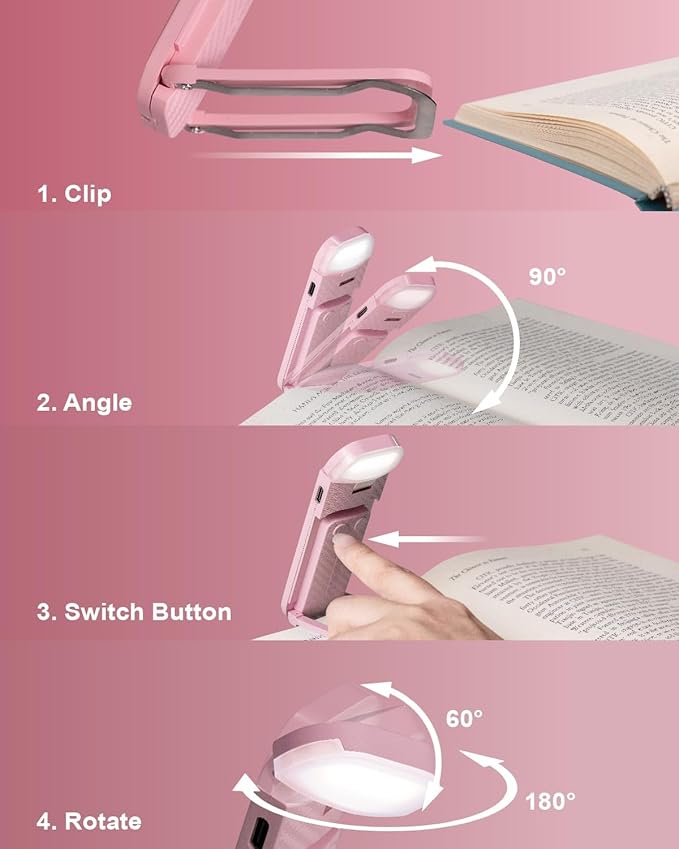 HEMONNKAM Book Reading Light, Rechargeable Clip on Booklight, Eye Caring 3 Color Temperatures & 5 Brightness Levels, Night Use for Bed, Long Lasting, Reading at Night in Bed, Pink
