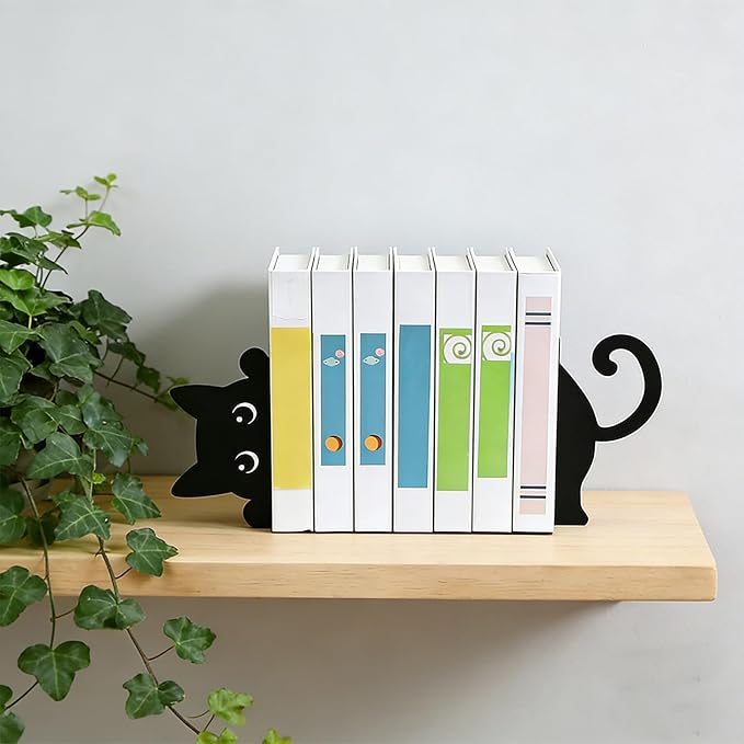 Peekaboo Cat Bookends for Shelves, Cute Black Metal Decorative Book Ends, Heavy Duty Rustproof Book Stoppers for Home Office & Study Desk, Ideal Gift for Cat Lovers & Book Lovers