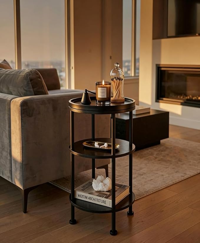 Small Round Side Table with Tray Top, 3-Tier Black End Table for Living Room & Bedroom, Modern Metal Nightstand with Storage Shelf, 11.8" Narrow Accent Table for Small Spaces, Balcony, Classic Black