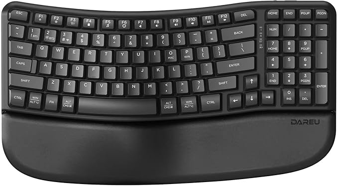 DAREU Wireless Ergonomic Keyboard,Ergo Keyboard with Cushioned Wrist & Palm Rest,2.4GHz / BT Ergonomic Wave Keys Computer Keyboard,3 Multi-Device Connectivity for Laptop,Mac,Windows - Black