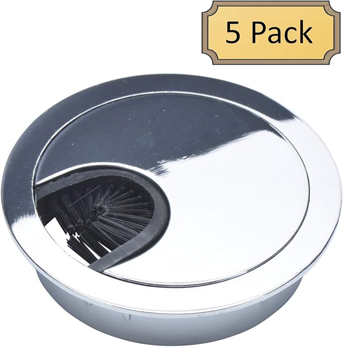 Polished Chrome Metal Cable Grommet | 2 Piece "Lock in" Feature with "Brush" Opening for Management of Office & Computer Desk Wires | 60mm (2 3/8") Hole Opening | 5 Pack
