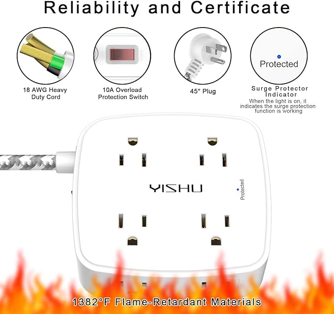 Surge Protector Power Strip - YISHU 8 Outlets with 4 USB (2 USB C) Charging Ports, 5Ft Braided Extension Cord, Flat Plug Multi Plug Outlet Extender Charging Station for Home Office, ETL, White