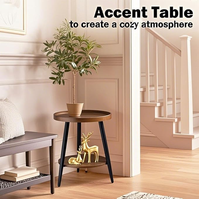 Small Round Side Table, 2-Tier Mid Century Modern Side Table, Round End Table Small End Table for Living Room, Metal Frames, Brown