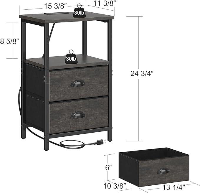 sthmec Nightstand with Charging Station, LED Night Stand Set of 2, Bedside Table End Table with Drawer, Bedroom Tables with 2 Fabric Drawers, 3-Tier Storage Side Table for Bedroom, Black Oak