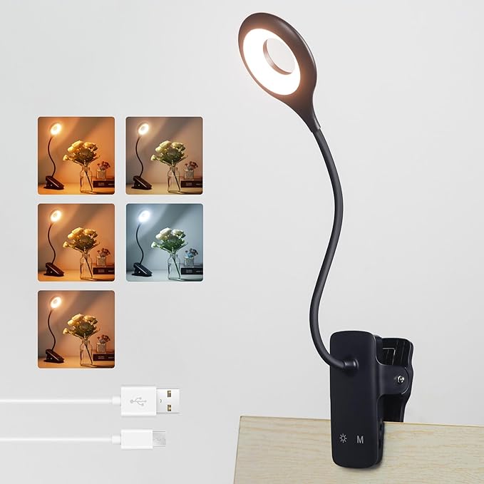 Akynite Desk Lamp LED Clip on Light, 5 Modes 5 Brightness Dimmable Clamp Light, Rechargeable Battery Flexible Clip on Reading Lamp for Bed Headboard Bunk Bed at Night for Kids (Black)