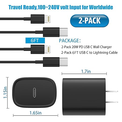 DiHines Phone 14 13 12 11 Fast Charger,6FT Long Fast Charging Lightning Cable with 20W USB C Charger Block for Phone 14/14 Pro Max/13/13 Pro Max/12/12 Pro Max/11/11Pro/XS/Max/XR/X,Pad,Black