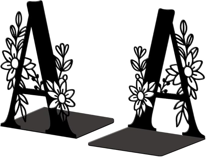 Peacoblue Metal Bookends for Shelves, Modern Decorative Heavy Duty Study Book Ends Stoppers for Office, Desk, Shelf, Room 5.3"x4.3"x7.1" Cast Iron Simple Tall Bookends 1 Pair (Letter A with Flower)