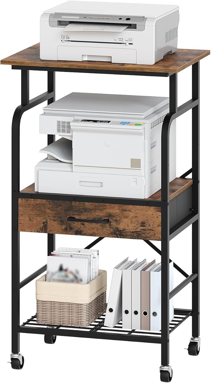 MAHANCRIS Tall Printer Stand, 3 Tier Printer Cart with Storage, Industrial Printer Table on Wheels, Adjustable Shelf & Fabric Drawer, for Home Office Study Rustic Brown PTHR5401