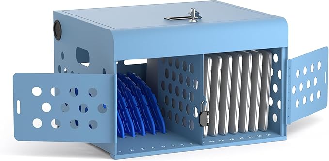 16-Device Charging Station for Laptops & Tablets, Wall-Mount Metal Charging Cabinet for Chromebooks, iPads – Lockable Charging Cart with Cable Management & Power Organization for Schools & Offices