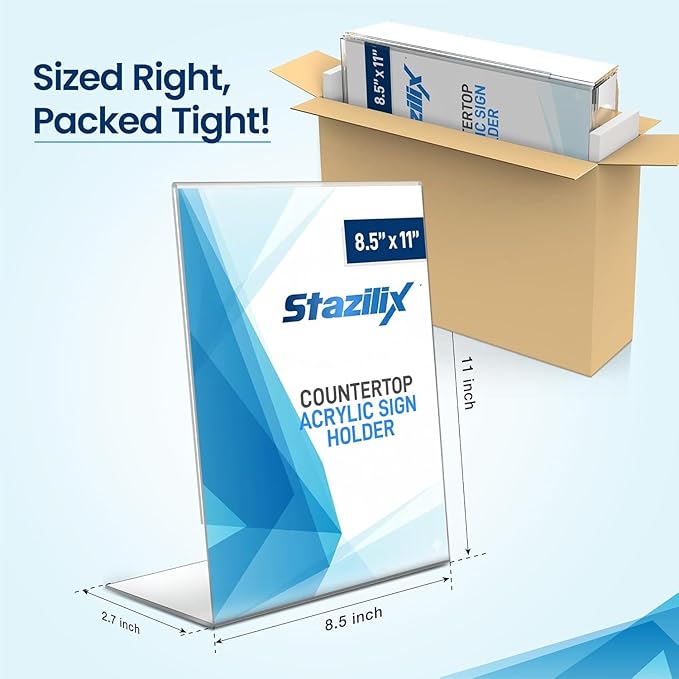 24 Pack Acrylic Sign Holder 8.5x11, Standing L-Shape Vertical Menu Holder Stand, Flyer Display Stand, Table Paper Holder, Plastic Sign Display Stand for Restaurants, Store, Office