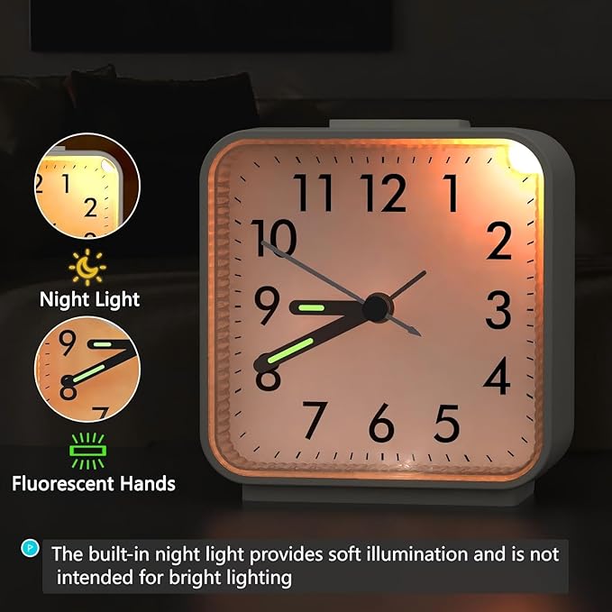 AMIR Analog Silent Non Ticking Small Clock, Travel with Snooze & Light, Ascending Beep Sounds, Battery Operated Loud Alarm Clock for Bedroom (White)