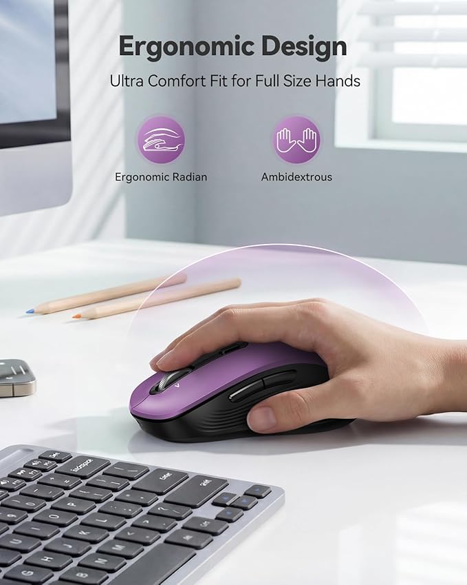 TECKNET Rechargeable Bluetooth Mouse, [ USB + BT5.0 + BT3.0 ] Wireless Mouse, Ergonomic 4-Way Scroll Wheel Computer Mice, 6-Level 4800 DPI Silent Mice, Multi-Device for Computer/Laptop/MacBook -Purple