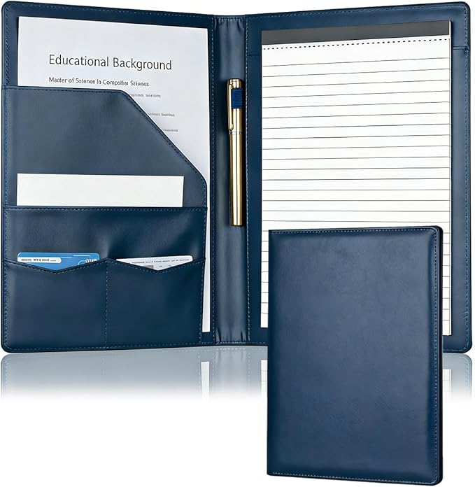 Padfolio Portfolio Binder, Faux Leather Folder, Resume Interview Legal Document Organizer, Letter Sized Writing Pad w/Business Card Holder, A4 Professional Folio for Office Conference (Blue)