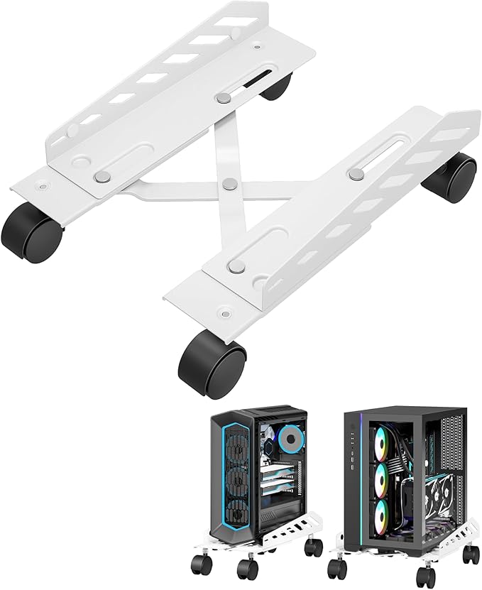 PEGZONE Adjustable PC Stand for Floor(400-510mm D, 160-300mm W), PC Tower Stand with 4 Caster Wheels, Ventilated Under Desk CPU Cart Holder for Office, Gamers, White