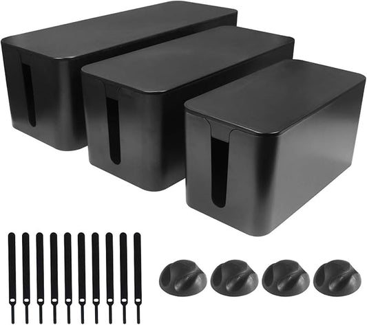 Cable Management Box - 3 Pack Cord Organizer Box for Desk - Large Medium Small Cable Box to Hide Power Strip & Wires - Pet-Safe Cord Hider for TV Computer Under Desk - Black