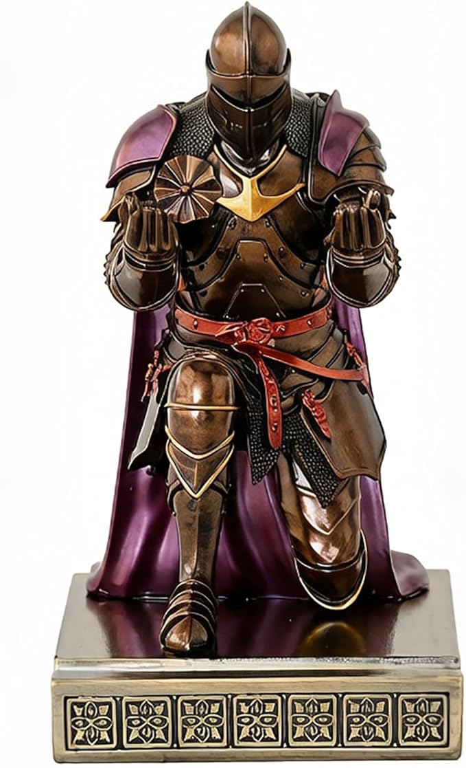 Medieval Armored Warrior Wearing Outerwear, Mobile Phone Stand Knight Pen Holder Desk Organizers, Resin Bookends Paperweight with a Letter Opener for Desk (Brown&Purple)