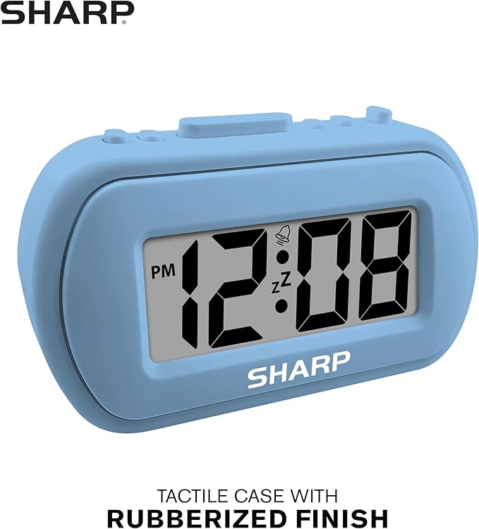 Sharp Digital Alarm Clock – Tactile Case with Soft Rubberized Finish - Battery Operated – Blue Backlight on Demand – Ascending Alarm – Easy to Use – Light Blue