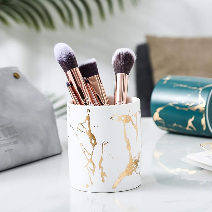 WAVEYU Gold Pencil Holder, Decorative Pens Holder for Desk, Makeup Brushes Organizer for Table, Cute Ceramic Desktop Accessories Pencils Crayons Cup Sturdy, Fashion Room Office Supplies,White02