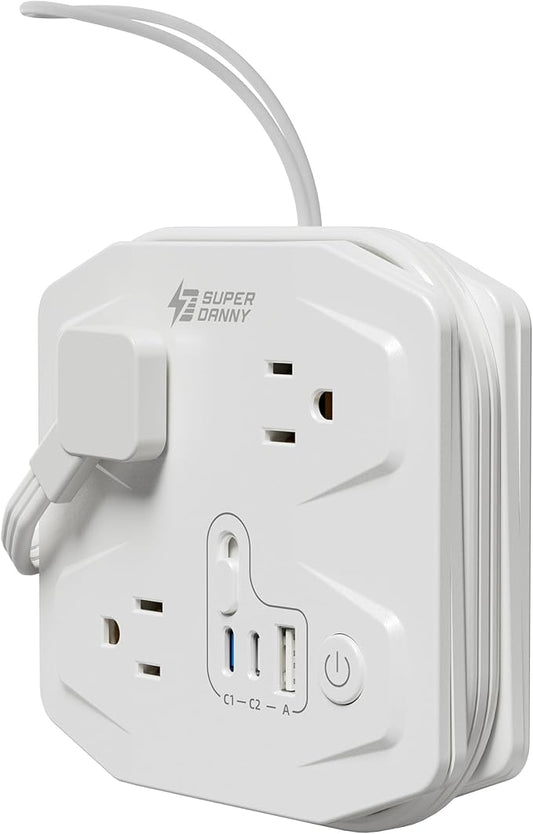 20W Travel Power Strip SUPERDANNY 3-Foot Wrap Up Extension Cord with 3 Outlets and 3 Fast Charging USBs, No Surge Protector Cruise Approved Portable Mini Travel Charger for Home Office Hotel, White