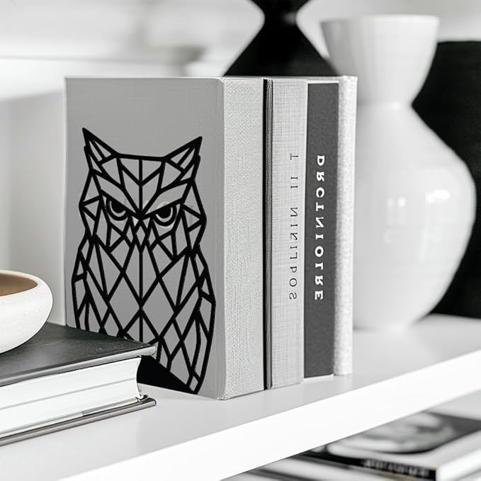 Peacoblue Metal Bookends for Shelves, Modern Decorative Heavy Duty Study Book Support Stoppers for Office, Desk, Shelf, Room 5.3"x4.3"x7.1" Cast Iron Simple Tall Bookends, 1 Pair (Geometric Owl)
