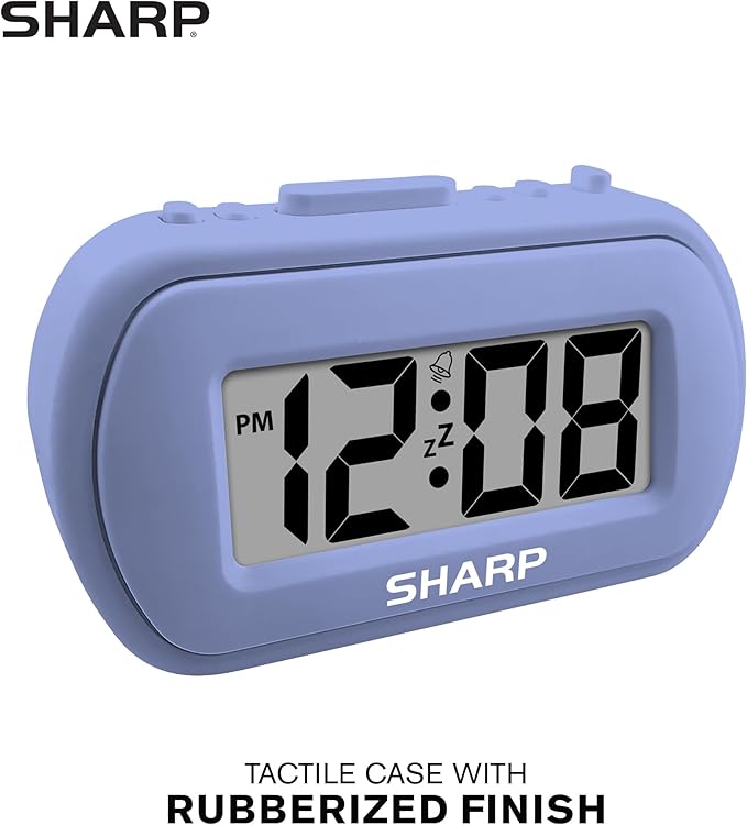 Sharp Digital Alarm Clock – Tactile Case with Soft Rubberized Finish - Battery Operated – Blue Backlight on Demand – Ascending Alarm – Easy to Use – Lavender