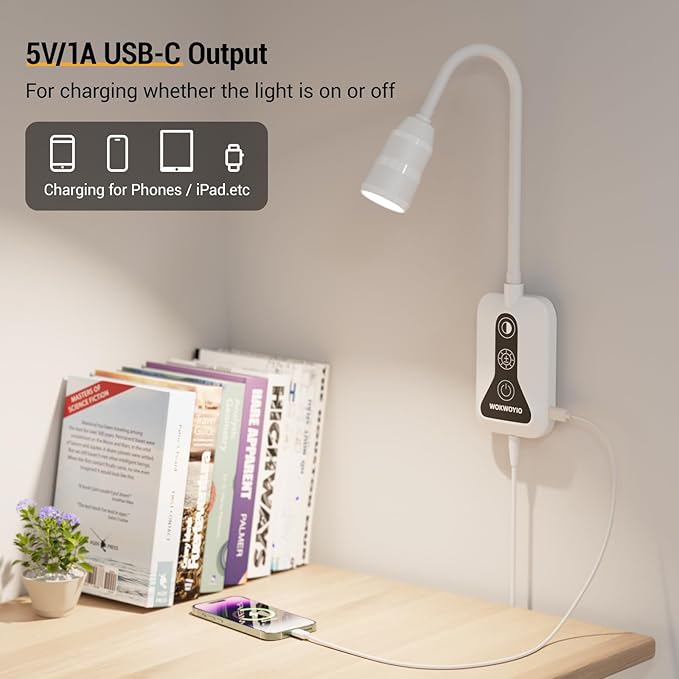 Wall Mounted Reading Light for Bed, Headboard Light with 360° Flexible Arm, Hand Wave Sensor, Focused 60° Beam, 5 Color Temperatures, Stepless Dimming, Memory Function, USB-C Output, White 2 Pack
