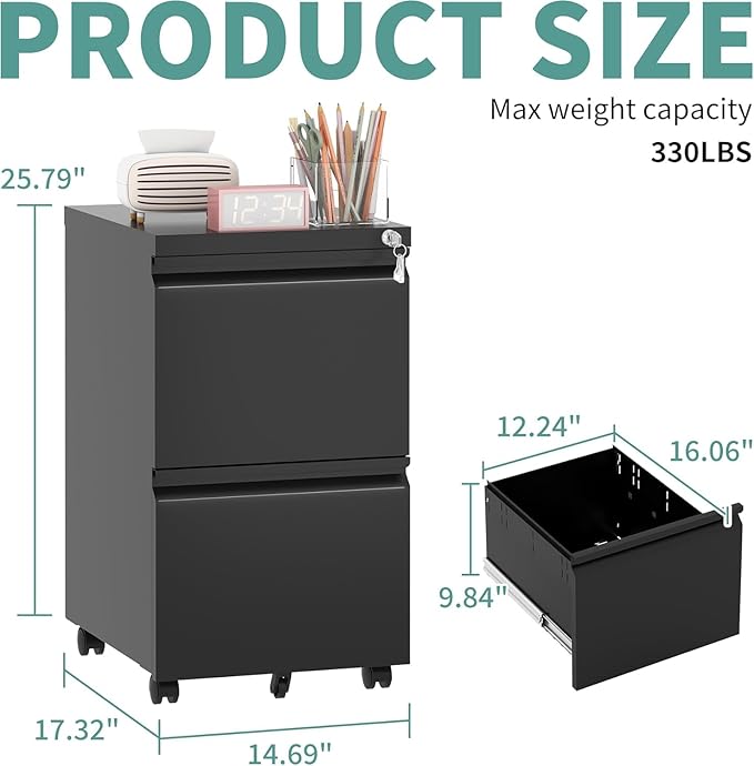 Guizeeopo 2 Drawer Locking File Cabinet, Fully Assembled Heavy-Duty Metal Filing Cabinets for Home Office, Quiet Slides, Anti-Tipping Wheels, Fits A4/Letter/Legal, Matte Black