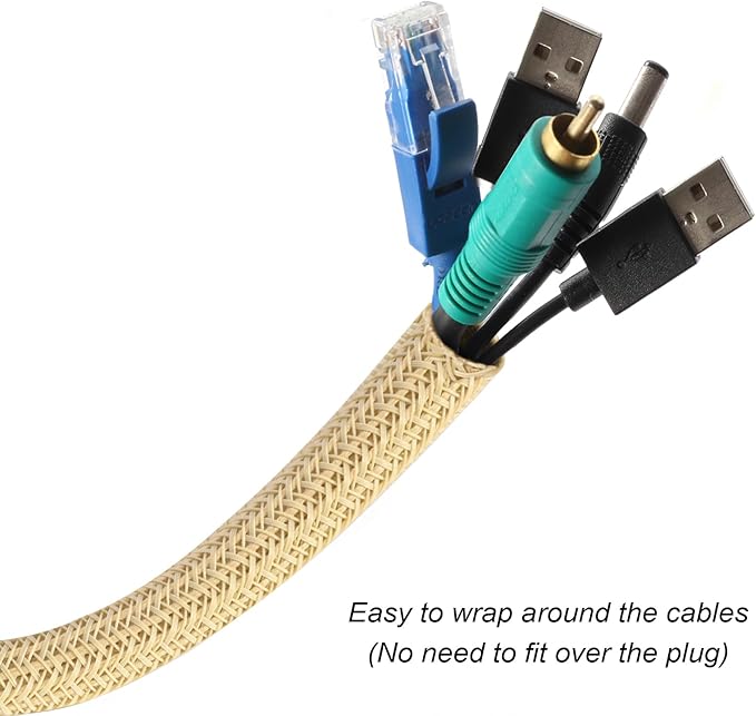 CrocSee 10ft - 1 inch Braided Cable Management Sleeve Cord Protector - Self-Wrapping Split Wire Loom for TV/Computer/Home Theater/Engine Bay - Beige