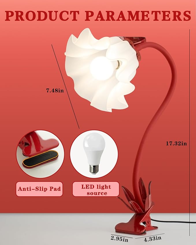 WERFOP Flower Lamp Clip on Light, 3 Color Modes Eye-Caring Desk Lamp with Clamp, Dorm Room Essentials, Flexible Neck Reading Clamp Lamps for College Bedside Bookshelf Studying Room (Red)