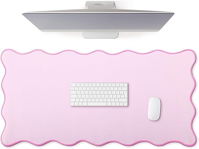 Hahafelt Scalloped Desk Mat Large Scalloped Piping Cute Desk Mat Aesthetic Preppy Table Pad Large Nonslip Pad with Edge Stitching Waterproof Gaming(Pink,36 x 17 Inches)