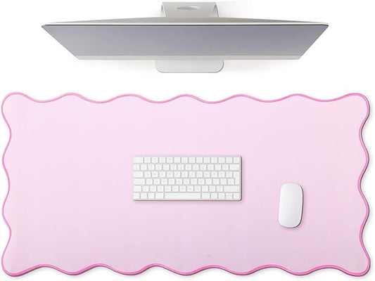 Hahafelt Scalloped Desk Mat Large Scalloped Piping Cute Desk Mat Aesthetic Preppy Table Pad Large Nonslip Pad with Edge Stitching Waterproof Gaming(Pink,36 x 17 Inches)
