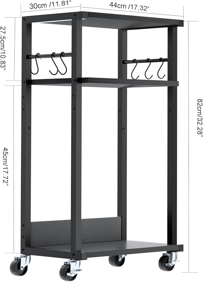 YMYNY Mobile Printer Stand, 3-Tier Printer Cart with Adjustable Storage Shelf and 6 S-Hooks, Tall Printer Table for Home Office, for Computer Tower Stand, Shredder, CPU Stand, Black, UHPT002B
