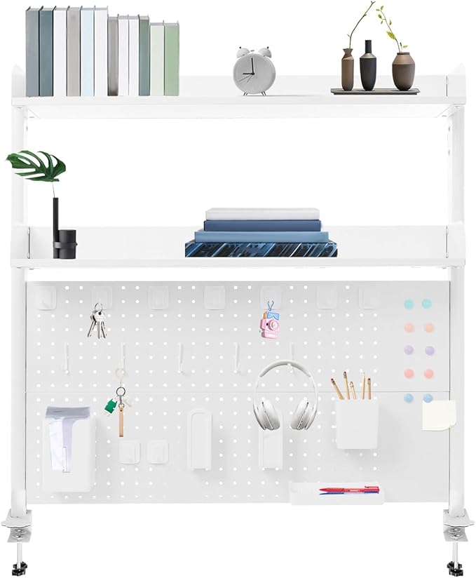 Clamp on Desk Organizer Shelf with Pegboard, Multipurpose Desktop Hutch Desk Bookshelf Desktop Bookcase Storage Rack Display Shelf for Home Office Dorm, Study Rooms, Bedrooms (White)
