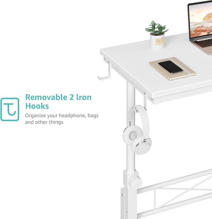 WINAZ Small Portable Treadmill Walking Pad Desk on Wheels, 32 Inch White Adjustable Height Mobile Rolling Standing Teacher Desks, Couch Sofa Side Laptop Stand Up Table for Bedroom, White