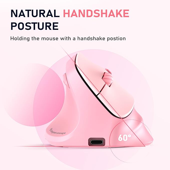 MEETION Left-Handed Mouse, Ergonomic Mouse Wireless Vertical Mouse, RGB Rechargeable Mice for Bluetooth(5.2 + 3.0) & USB-A with Type-c Adapter 4 Adjustable DPI for Mac/Windows/PC/Tablet/iPad Pink