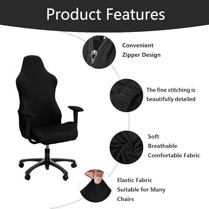 Gaming Chair Cover,Removable Office Chair Cover with Zipper,Stretch Anti-dust Universal Rotating,Washable High Back Computer Seat Protector for Pets (Black, Large | Armrests)